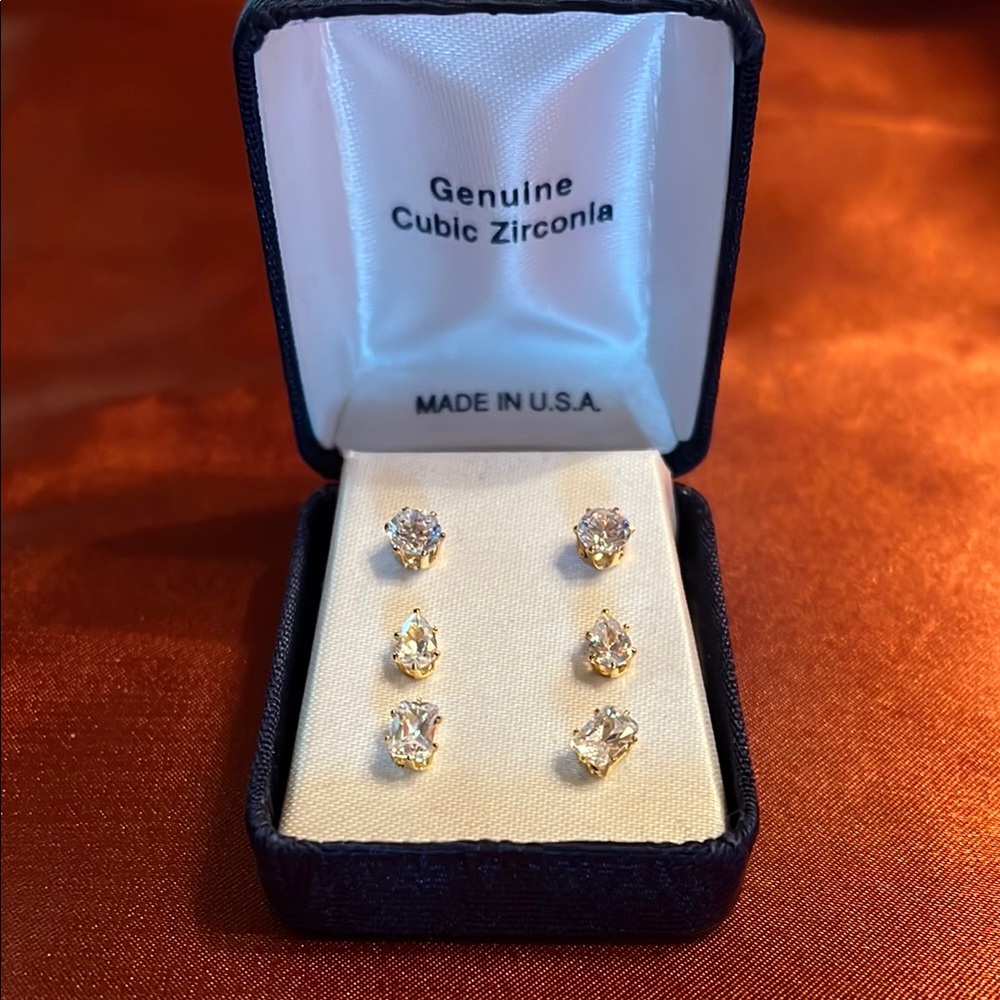 Gold Cubic Zirconia Stud Earrings Set